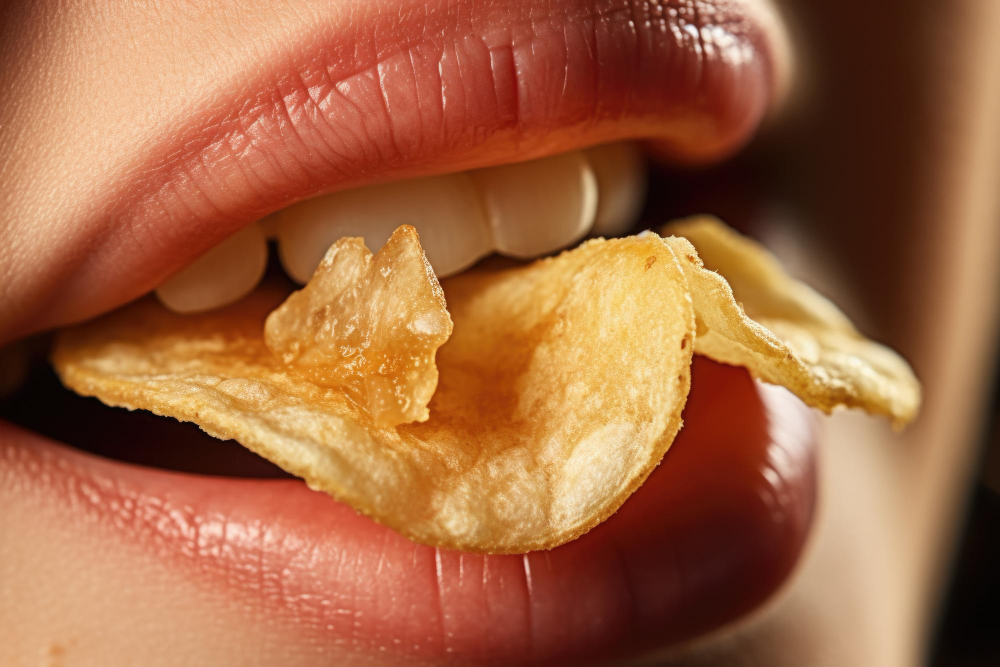 Close-up of a person biting into a POTATO SHOP baked potato chip.
