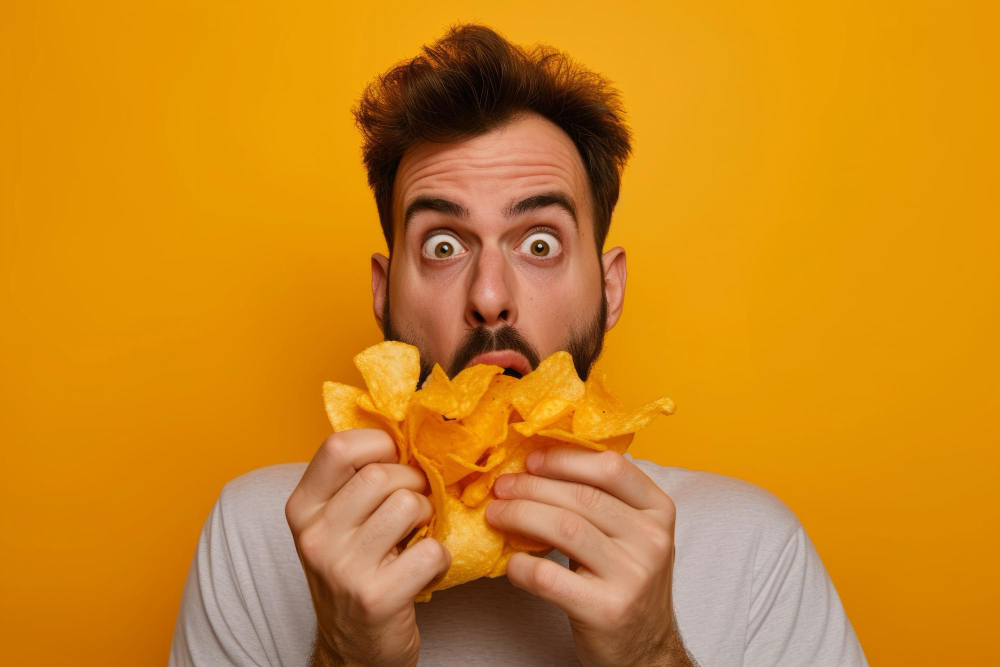 Man eating baked potato tenis against a bright yellow background.
