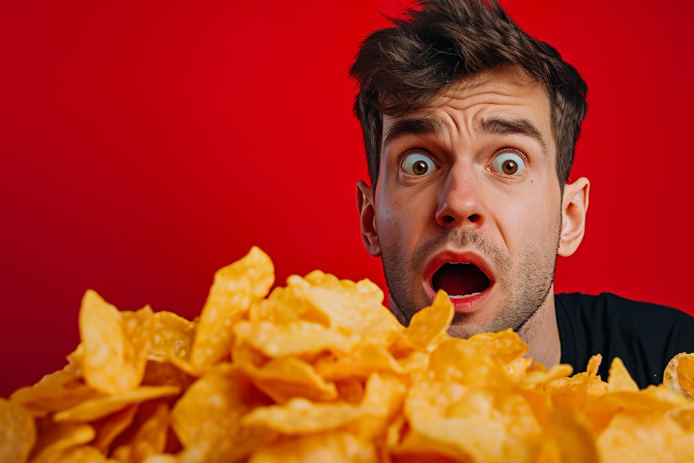 Man holding a large pile of tenis with a surprised expression.