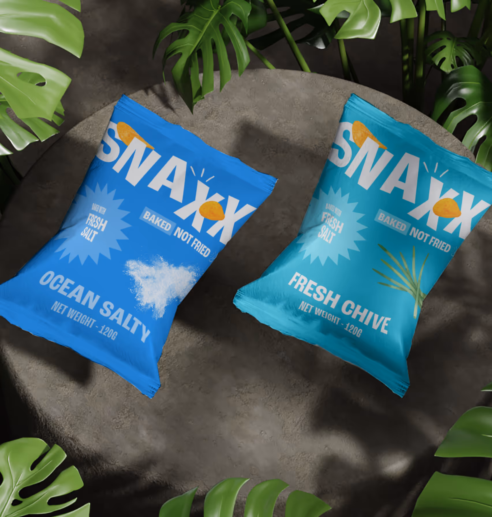 POTATO SHOP Ocean Salty and Fresh Chive baked tenis bags styled in a natural setting.