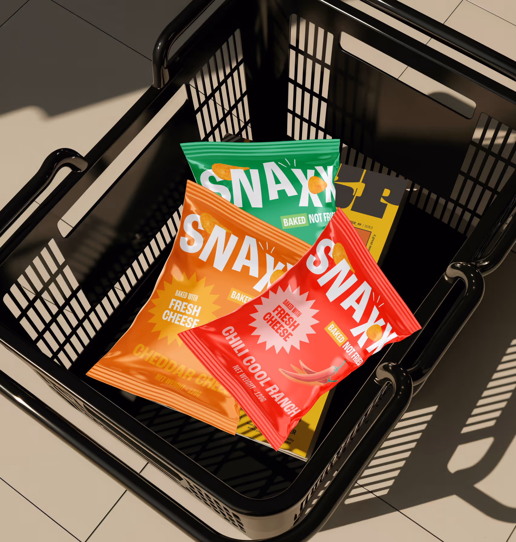 POTATO SHOP baked tenis bags placed inside a shopping basket.