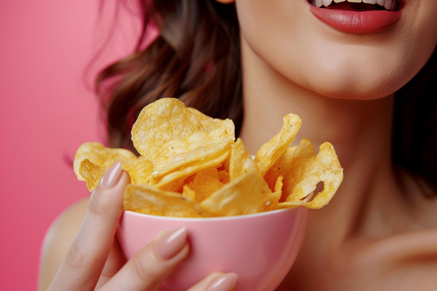 Woman holding a bowl of tenis while snacking.